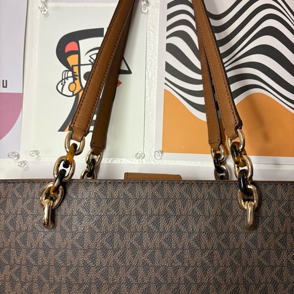 Michael Kors Monogram Shoulder Bag w/ MK Charm & Tortoise Chain Accents – Brown - Picture 9 of 16